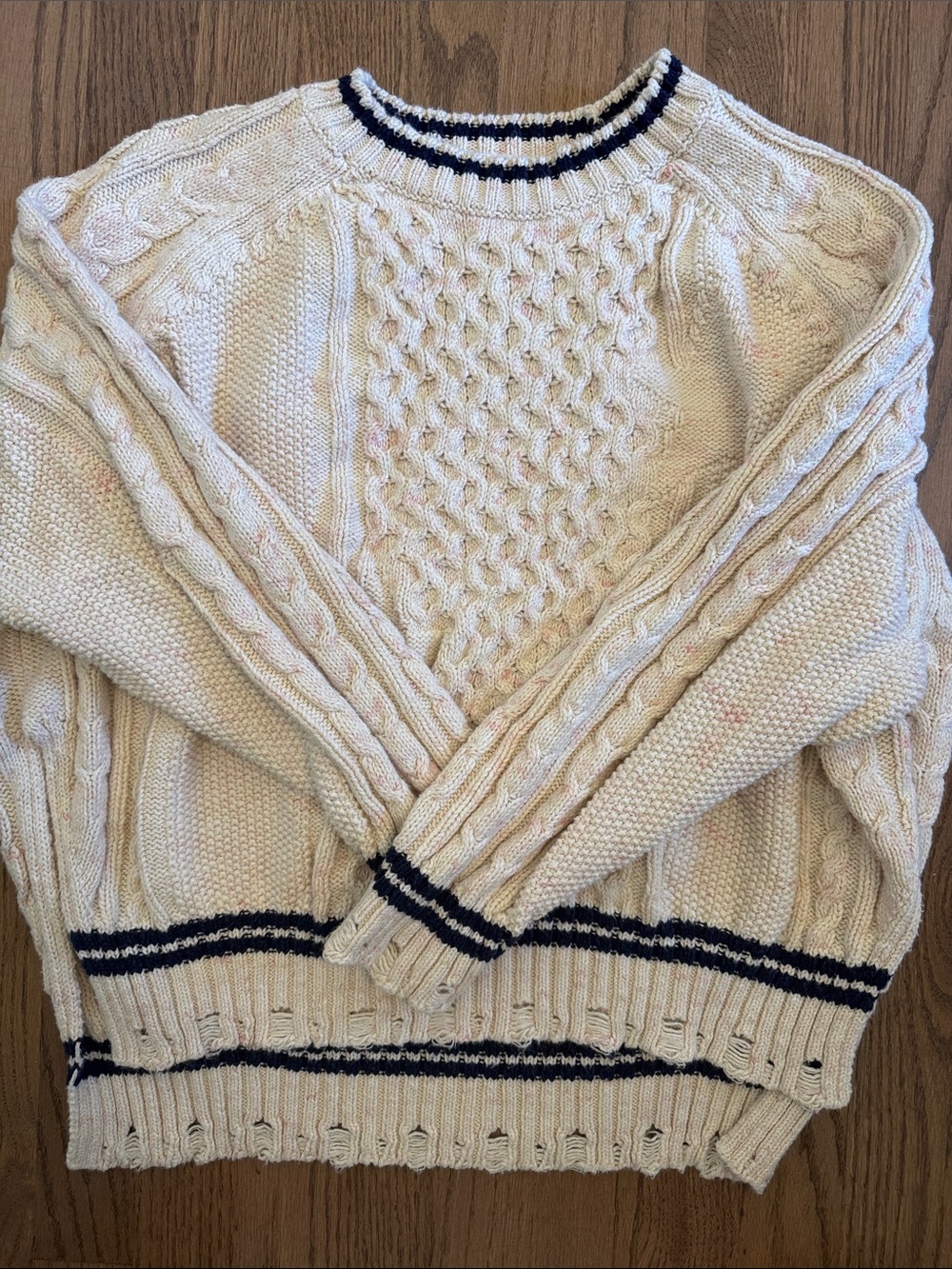 Anthropologie Cream Cable-Knit Crew with Navy Trim (oversized!)